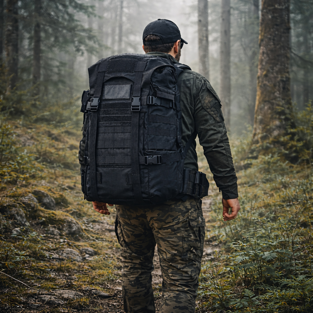 Black 66L tactical mountaineering backpack worn during forest hiking, showing rear view, load stability, and rugged outdoor performance