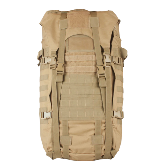 Front view of the coyote tan 66L tactical backpack showing storm flap closure, MOLLE attachment panel, and external compression straps