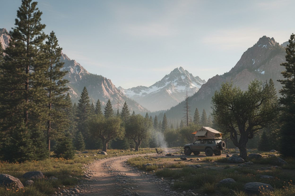 forest, trail, mountain, overland, campsite
Feel calm + rugged
Have negative space (room for text)